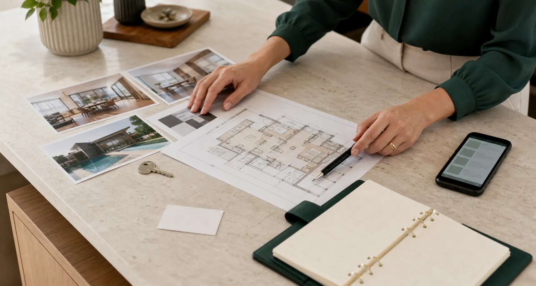 Corretora organiza planta baixa, fotografias de imóveis, chave, agenda e celular em uma mesa de trabalho